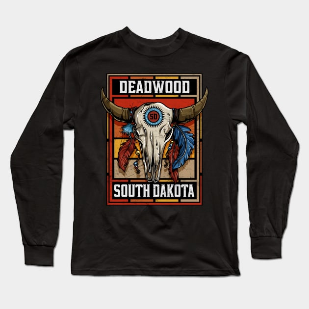 Deadwood South Dakota Native American Bison Skull Long Sleeve T-Shirt by SouthDakotaGifts